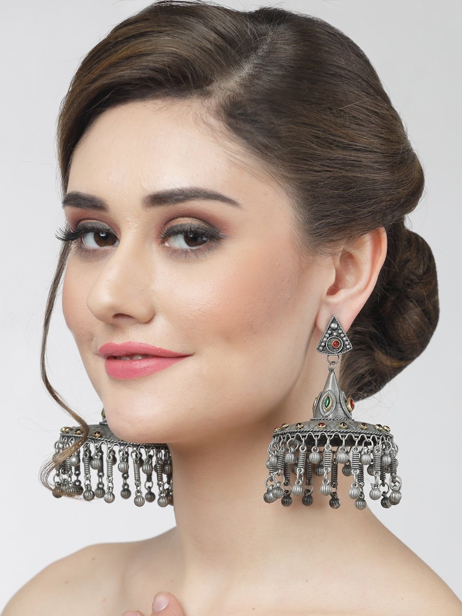 Moedbuille Crystal Studded Antique Tassel Design Silver-Plated Dual Tone Tribal Jhumki Earrings