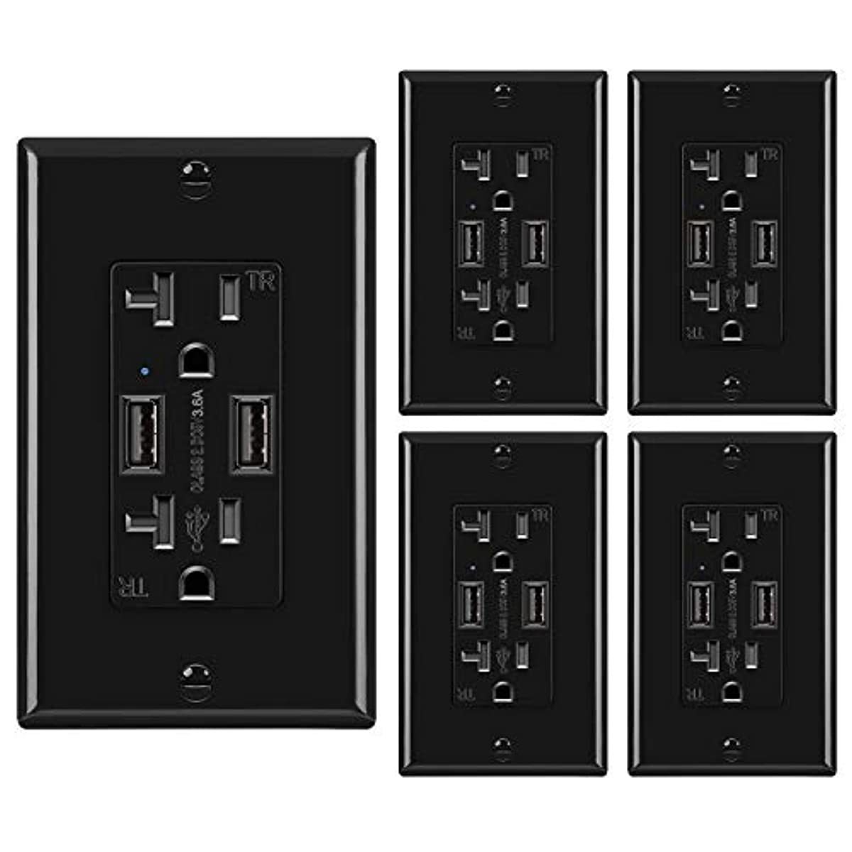 [5 Pack] BESTTEN Black USB Wall Receptacle Outlet, 20 Amp Grounded AC Outlets, 3.6A Dual USB Charging Ports, Smart Chip USB Wall Charger, Tamper Resistant, UL Listed