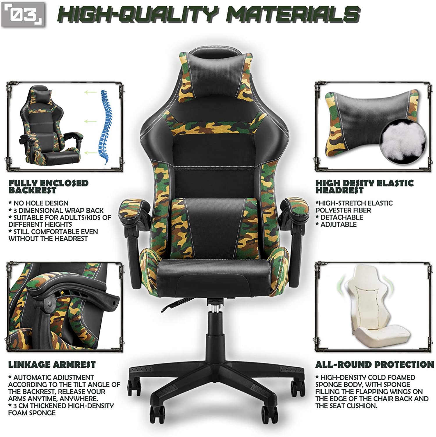 Gaming Chair Camo PC Video Game Chairs Camouflage Office Computer Chair Tall Back with Carbon Fiber Leather Comfortable Adjustable Armrest Headrest and Lumbar Support for Adults/Men/Teens/Kids/Boys