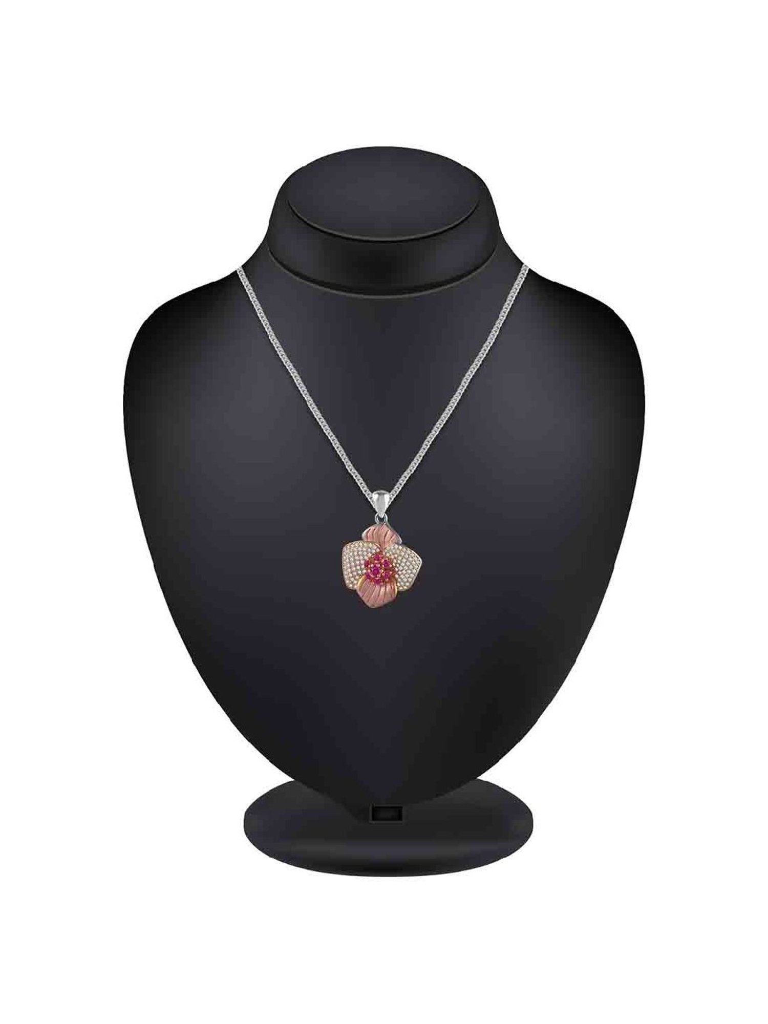 Rihi by P.C. Chandra Jewellers Petal With Pink Stone Flower Pendant And Earring Set (Without Chain)