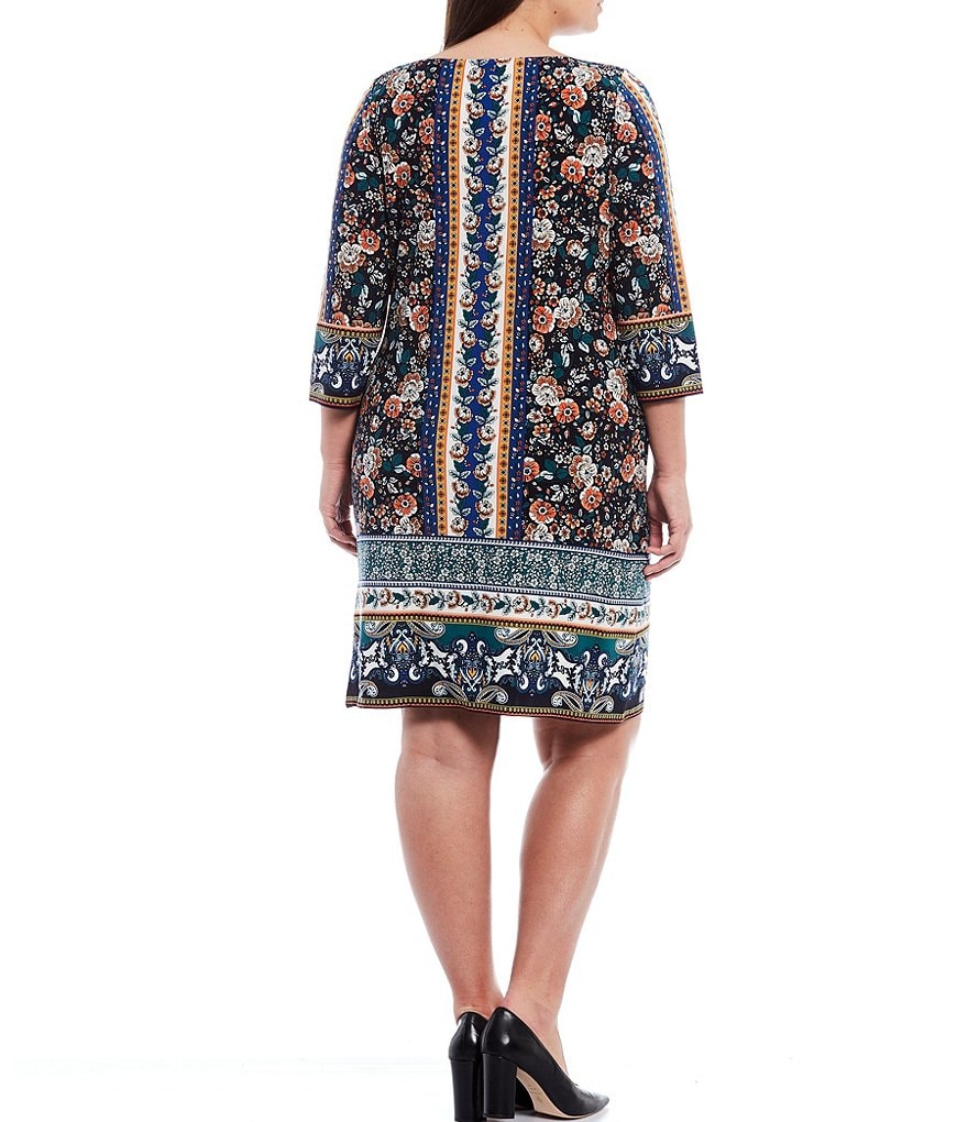 London Times Plus Size Round Neck 3/4 Sleeve Floral Printed Jersey Shift Dress