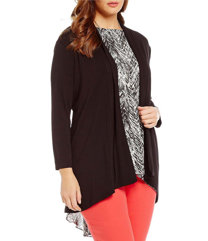 Ruby Rd. Plus Size Ombre Striped 3/4 Sleeve Button Front Long Cardigan