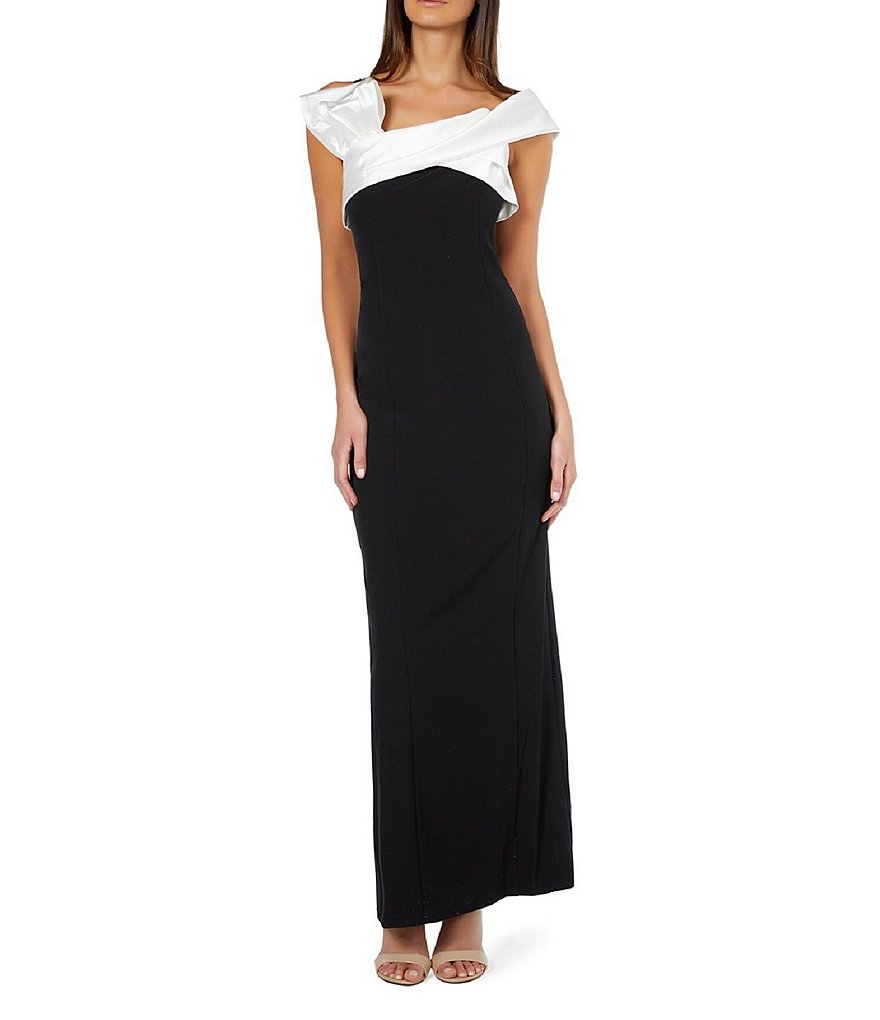 Marina Cap Sleeve Off-the-Shoulder Stretch Crepe Bow Gown