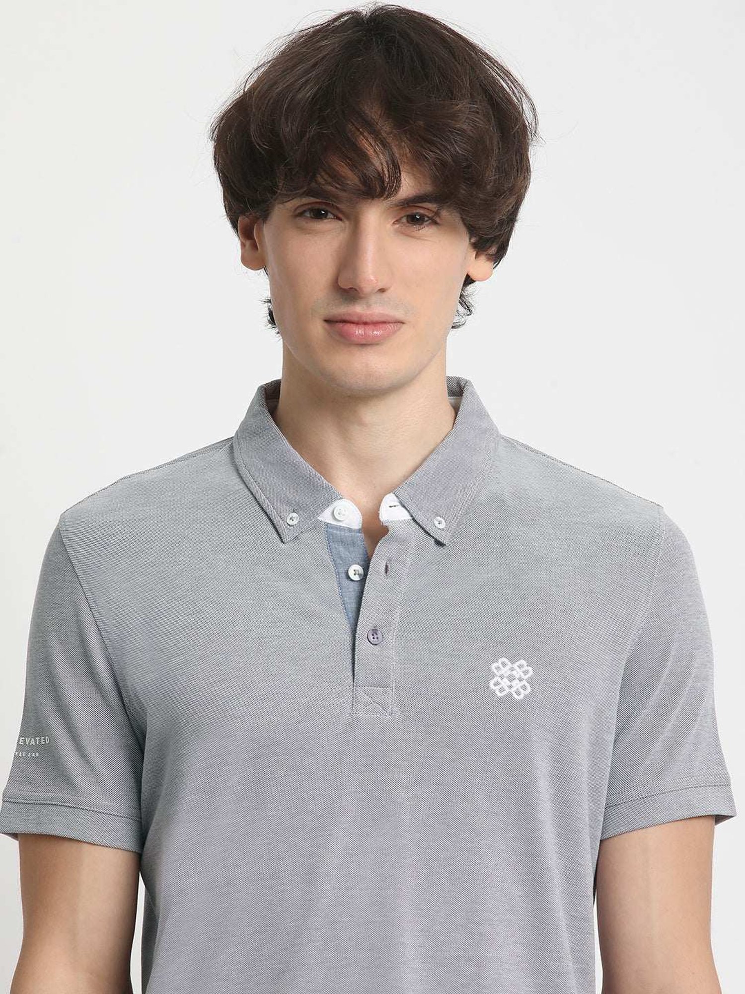 The Bear House Grey Cotton Regular Fit Self Pattern Polo T-Shirt