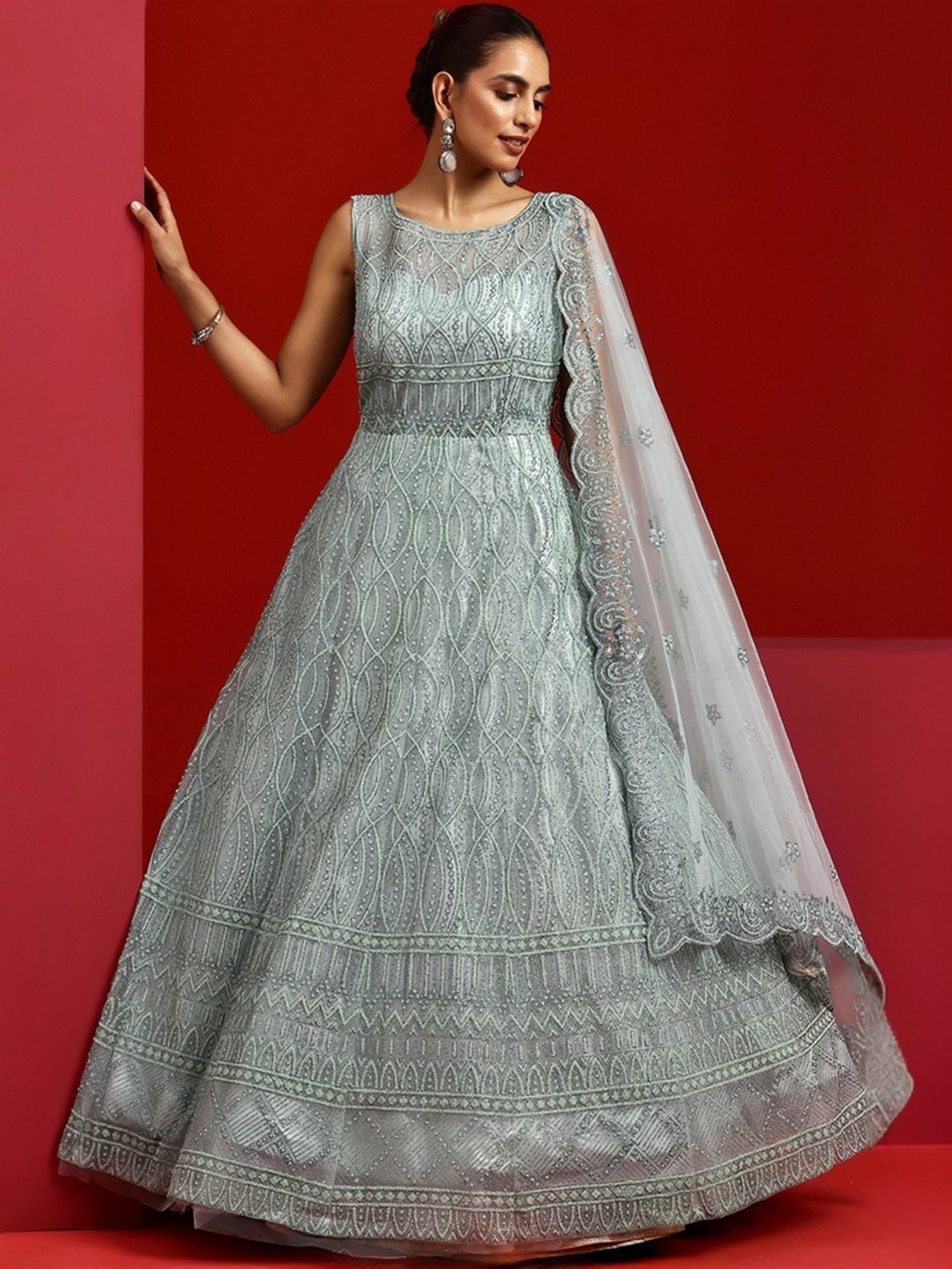 Libas Art Green Embellished Maxi Dress With Dupatta