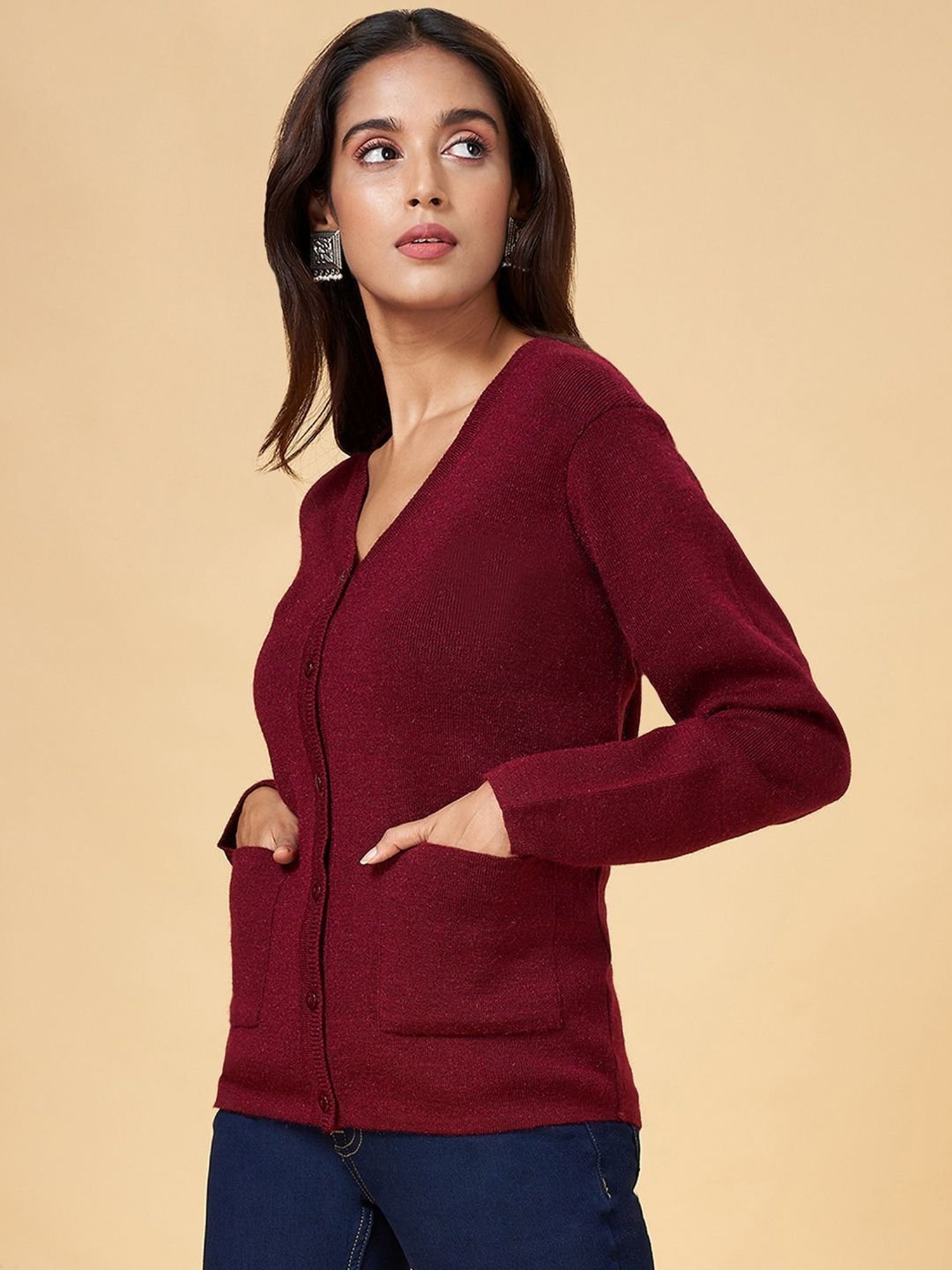 Rangmanch by Pantaloons Maroon Plain Cardigan