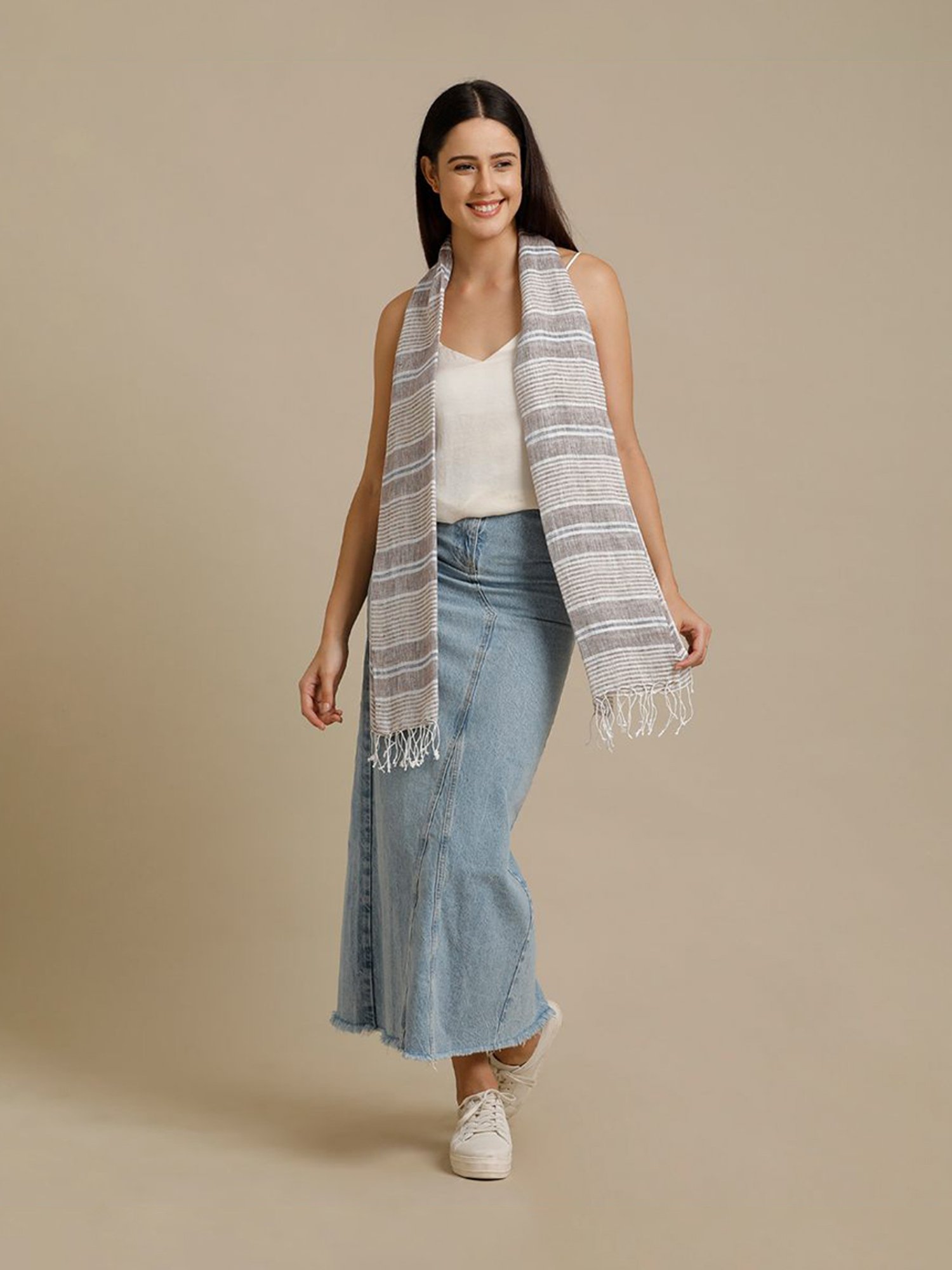 Linen Club Brown Striped Pure Linen Stole