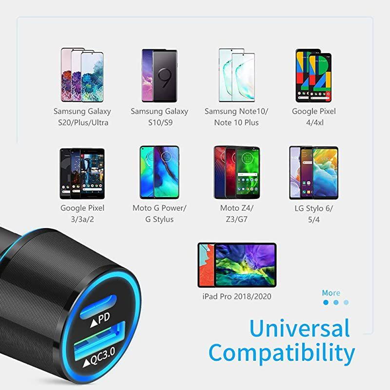 USB C Car Charger, 36W 2-Port Fast Charging Adapter with PD&QC3.0 Compatible for Samsung Galaxy S21/S20 Plus/Ultra/S10/S9/Note 20/10, iPad Pro, Google Pixel, iPhone 11/Pro/Max -3ft Type C Cord