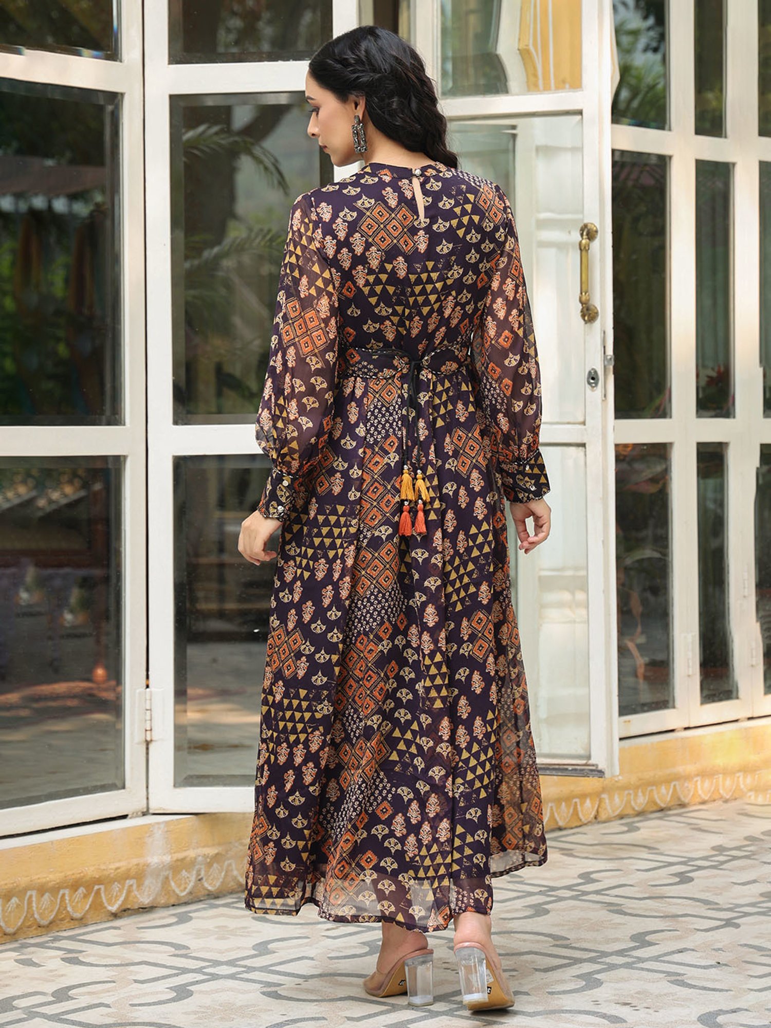 Juniper Black Ethnic Motif Printed Chiffon Flared Maxi Dress With Buttons