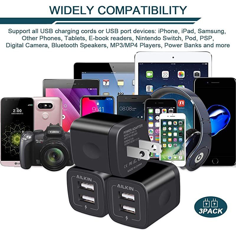 3Pcs Wall Charger,  Travel Charger Adapter Dual USB Port Fast Charging Block Cube Power Plug Box Base Brick for iPhone, Samsung Galaxy, LG, Moto, Google Pixel, Kindle, PS, HTC, Vivo, Oneplus