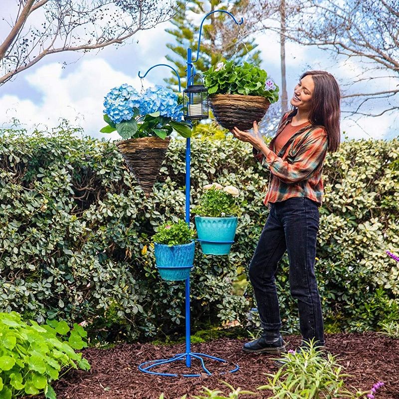 Yard Butler IYT-5BLU Indoor Outdoor 84 Inch Tall Gardening Yard Tree with 3 Shepherds Hooks and 2 Flower Pot Rings for 7 Inch Planters, Blue
