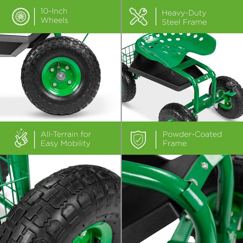 Best Choice Products Garden Cart Mobile Rolling Work Seat w/ Tool Tray, Basket - Green
