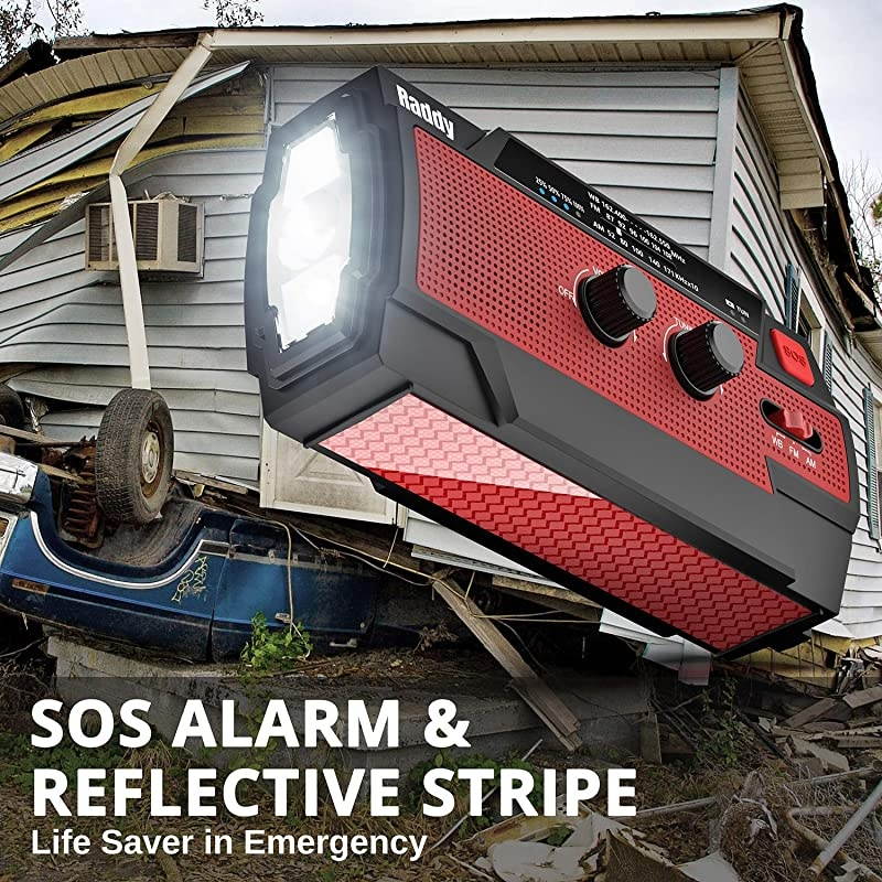 Newest Raddy SW3 4000mAh Emergency Radio Hand Crank SolarPowered FMAMNOAA Weather Radio with 3 Types of Flashlight SOS Alarm Reflective Strip Cell Phone Charger