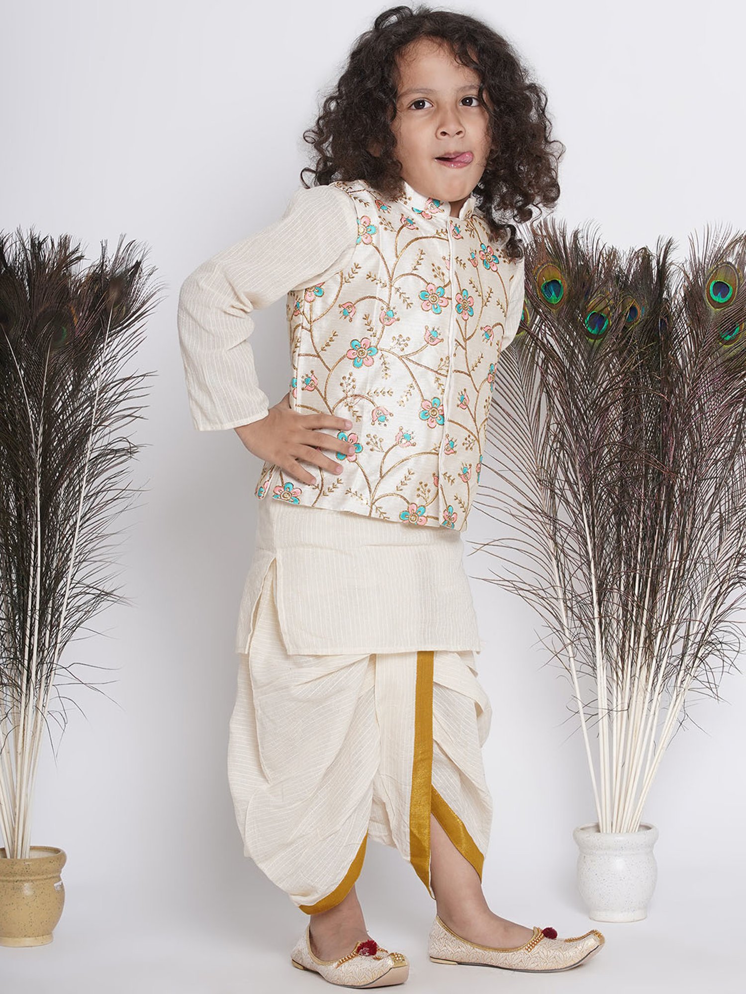 Little Bansi Kids Cream Embroidered Full Sleeves Kurta , Jacket with Dhoti