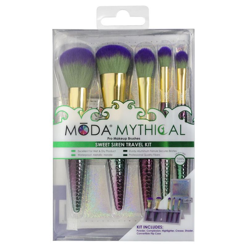 MODA Brush Mythical 6pc Sweet Siren Travel Makeup Brush Set with Holographic Flip Case, Includes - Powder, Highlight and Glow, Crease, and Eye Shader Brushes