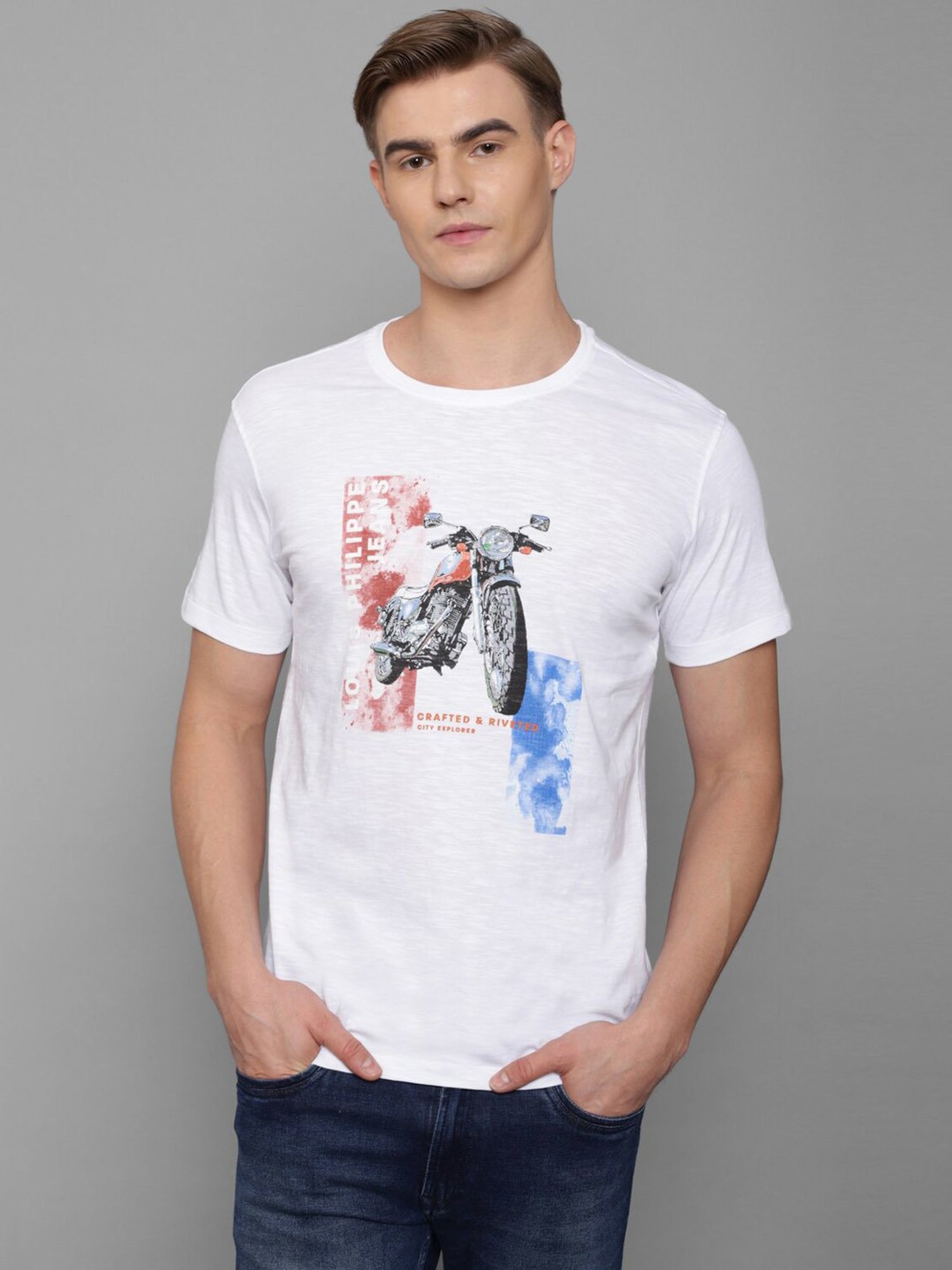 Louis Philippe Jeans White Cotton Slim Fit Printed T-Shirt