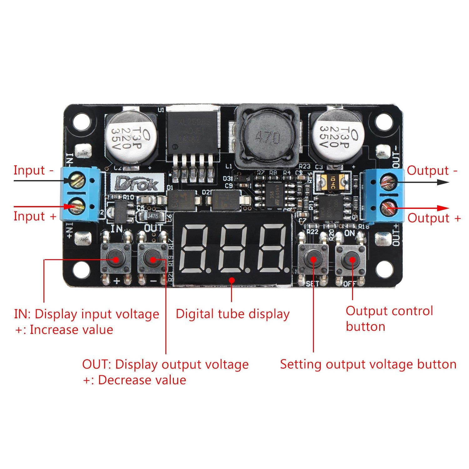 24V to 12V 5V DC Converter, DROK LM2596 Buck Power Converter 5-32V to 0-30V Step Down Adjustable Output Voltage Regulator Board Power Supply Module with LED Display Voltmeter Screw & Heatsink