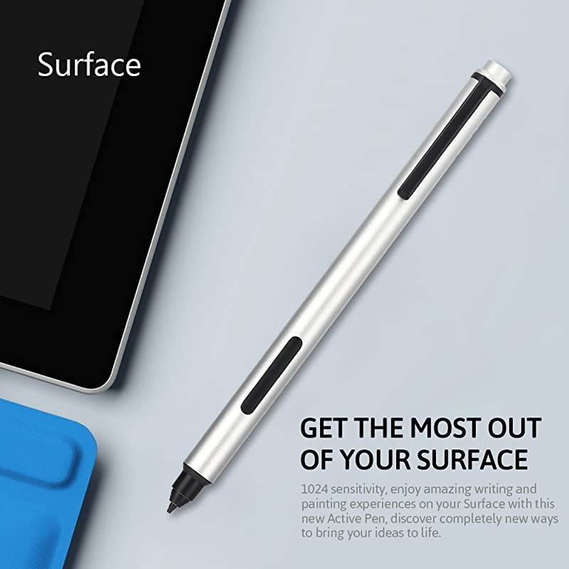 Work with Microsoft Surface pro 7 - Stylus Compatible with Microsoft Surface Pro, Surface Go, Surface Book, Surface Laptop, 1024 Levels of Pressure with AAAA Battery & 2 Spare Tips (Silver)