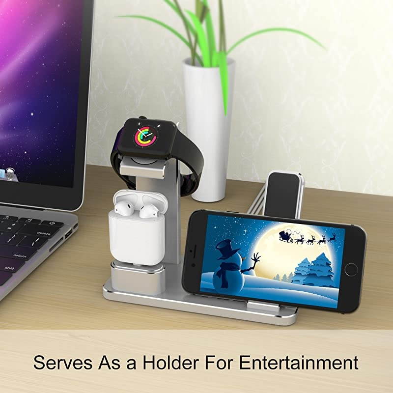 Phone Charging Dock Aluminum 4 in 1 AirPods Charging Stand Accessories Station Holder for Apple Watch 4 3 2 1 AirPods Phone Xs X Max XR 7 7plus 6s 6plus iPad Mini Silver