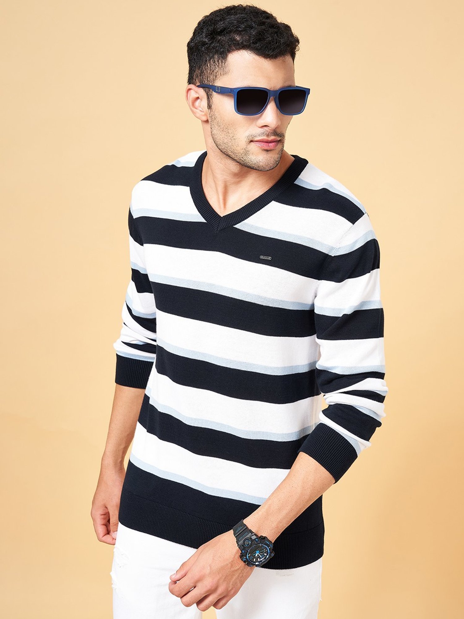 Byford by Pantaloons Blue Cotton Slim Fit Striped Sweater