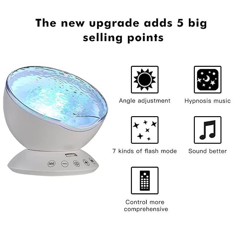 Mermaid Decor Remote Control Night Light Ocean Wave Projector 7 Colorful Ceiling Mood Lamp with Bulitin Speaker Music Player for Baby Adults Bedroom Living Room White