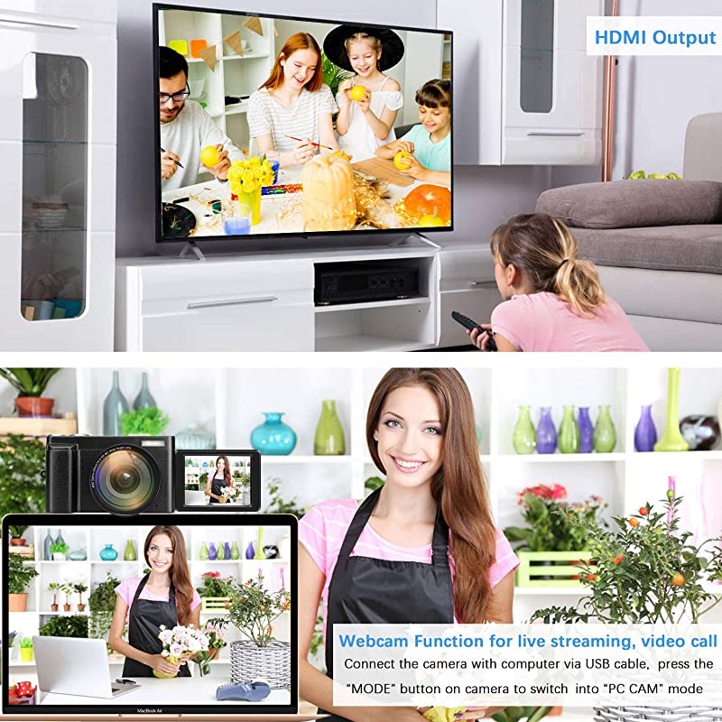 Camera YouTube Vlogging Camera HD 1080P 24MP Video Camcorder 16X Zoom with Wide Angle Lens, WiFi, Pause Function, Face Detection, 3&rsquo;&rsquo; IPS Screen, 32GB SD Card, 2xBattery