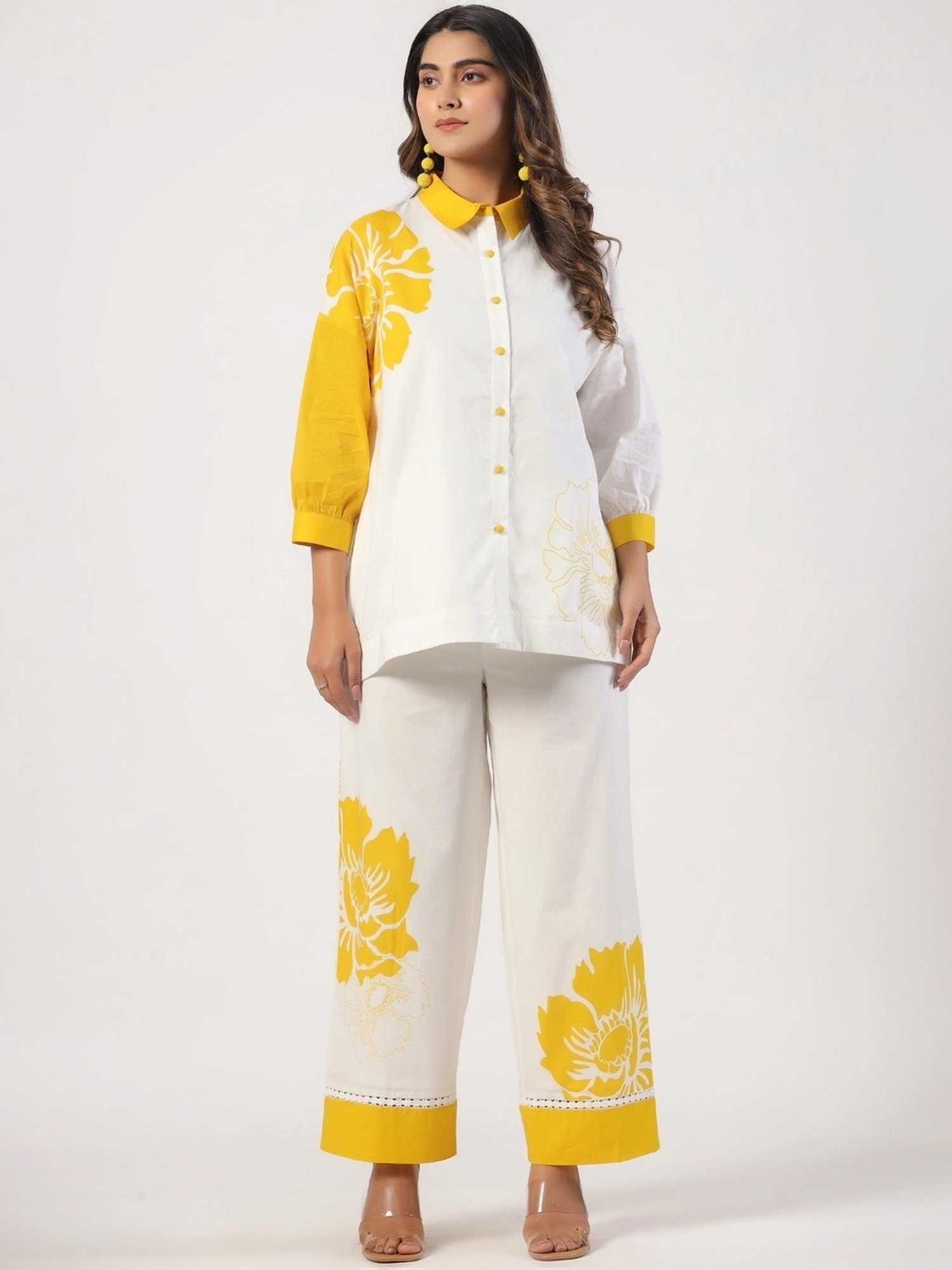 Zolo Label White Cotton Floral Print Shirt Palazzo Set