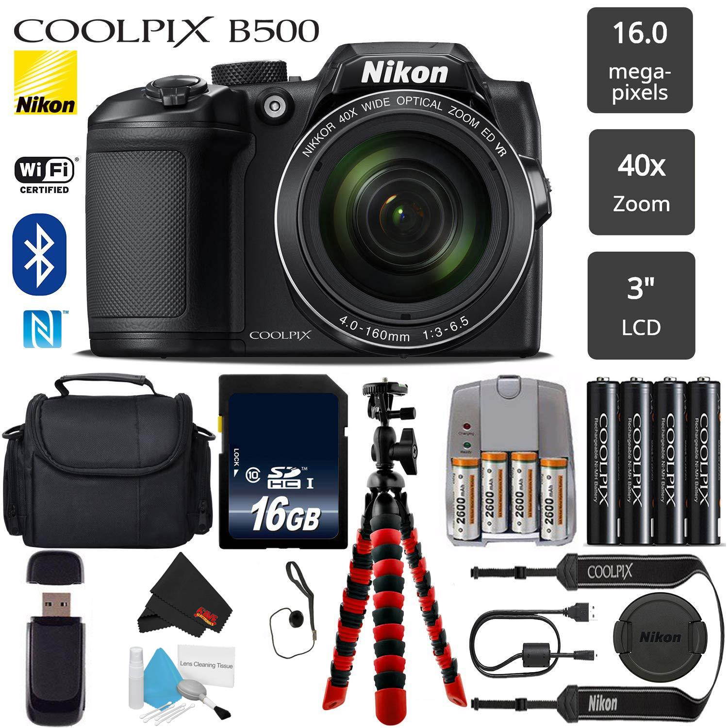 Nikon COOLPIX B500 Digital Camera (Black)(Intl Model) 16MP 40x Optical Zoom with Built-in NFC, WiFi & Bluetooth + Flexible Tripod + Camera Case + Card Reader