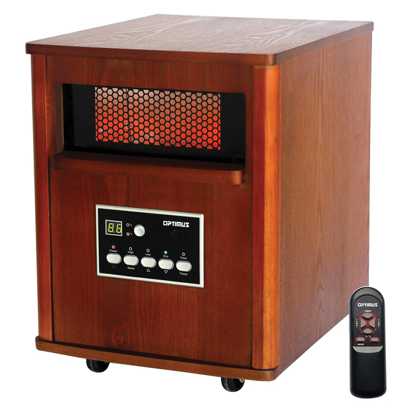 H-8121 3-Setting 1,500-Watt-Max Portable Wood-Cabinet Infrared Quartz Heater with Remote, LED Display, and Wheeled Base