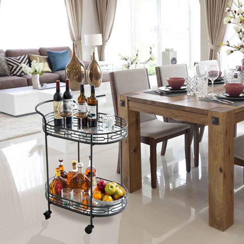 Deluxe 2 Tier Metal Oval Mirrored Bar Cart Black - Glitzhome