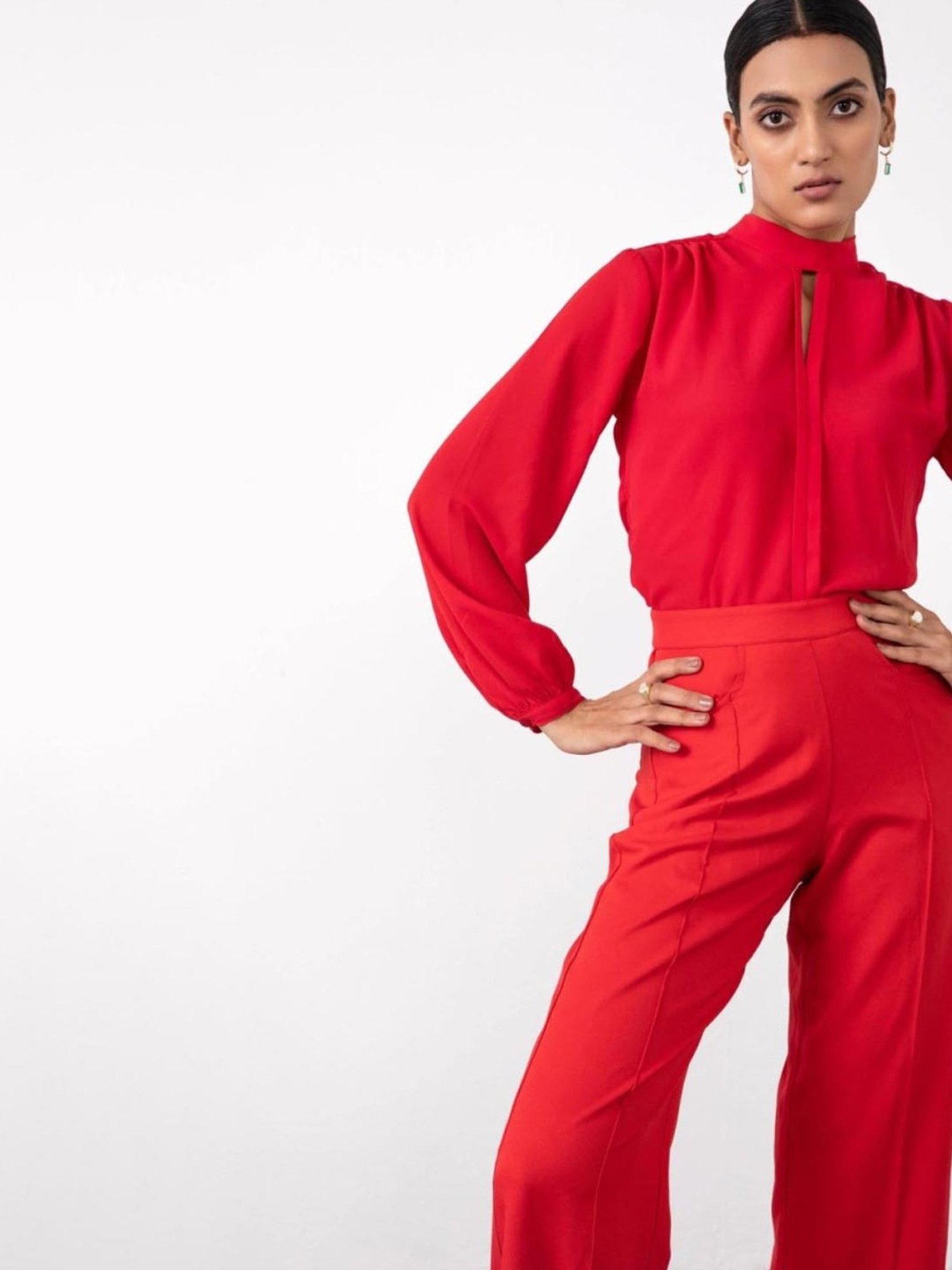 Qua Apple Red Creased Wide Leg Trousers