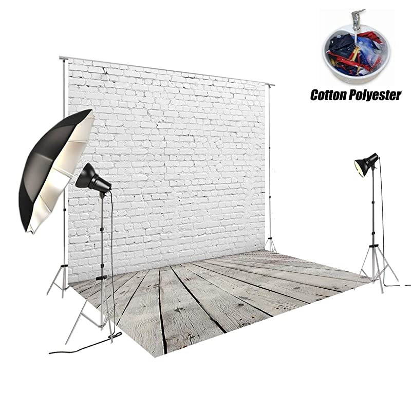 White Brick Wall with Gray Wooden Floor Photography Backdrop Vinyl Background for Pictures D2504 8x12ftCottonPolyester