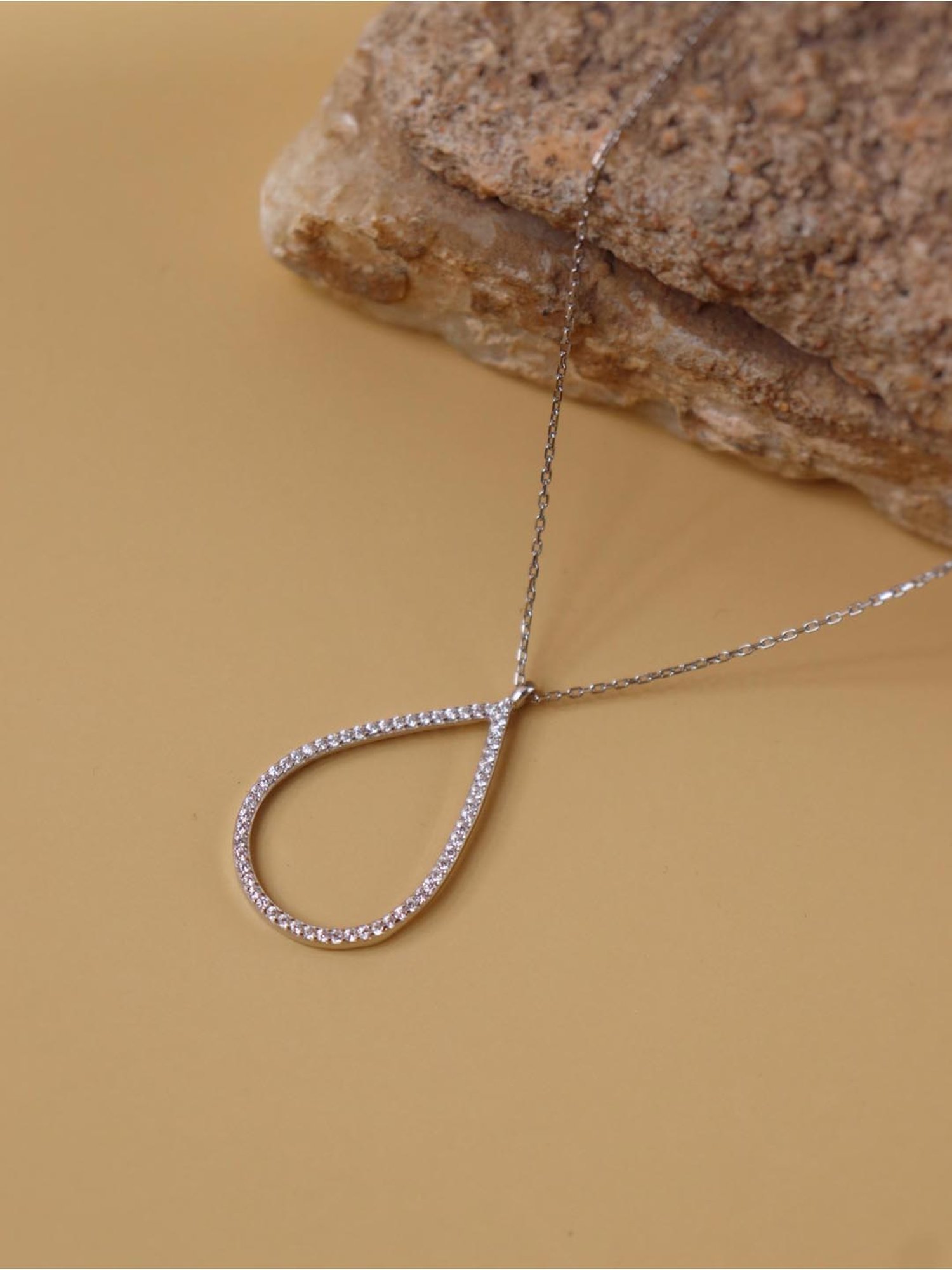 Curio Cottage 92.5 Sterling Silver Hollow Drop Necklace with Cubic Zirconia Stones for Women