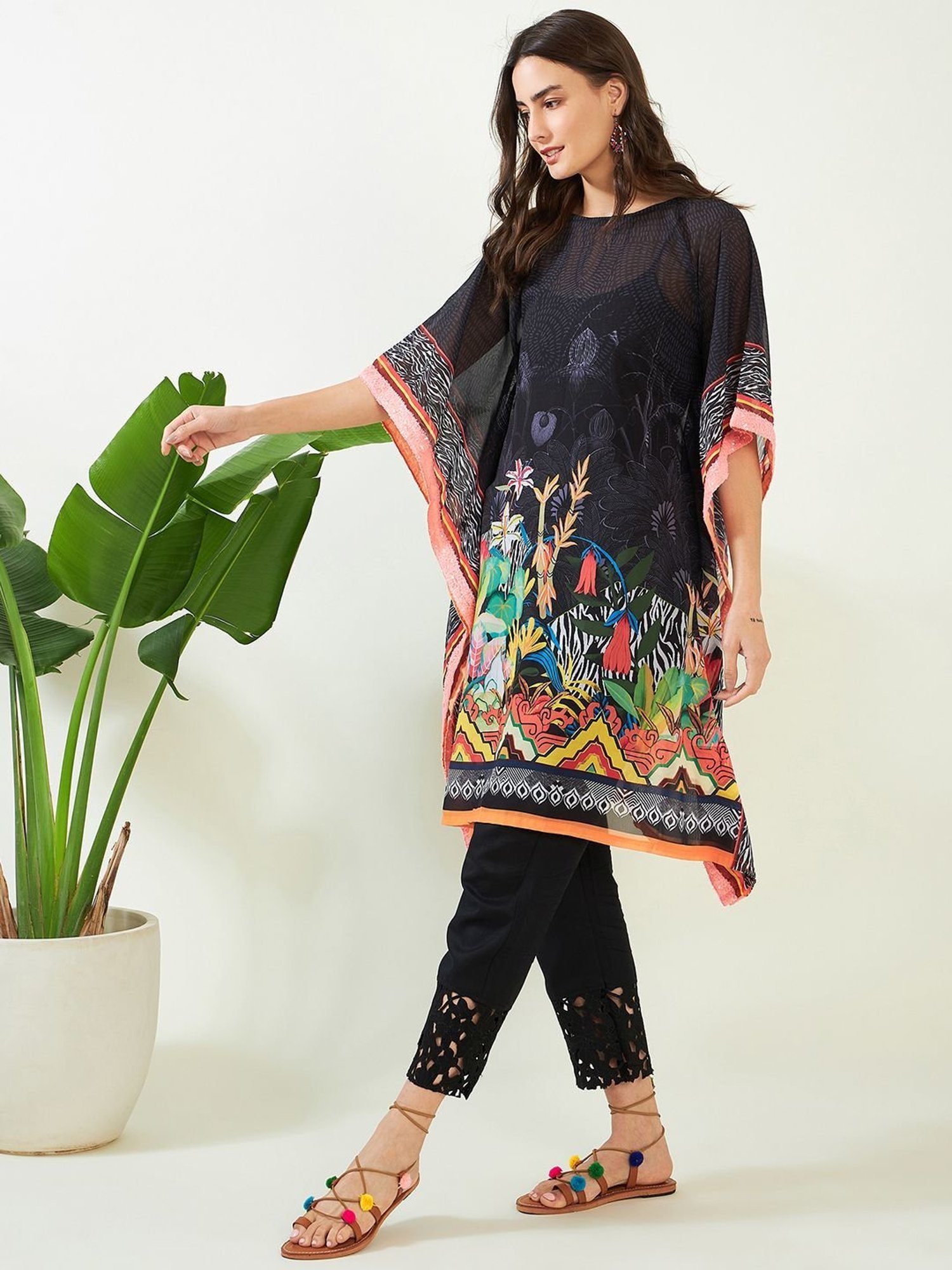 The Kaftan Company Black Printed A Line Kaftan
