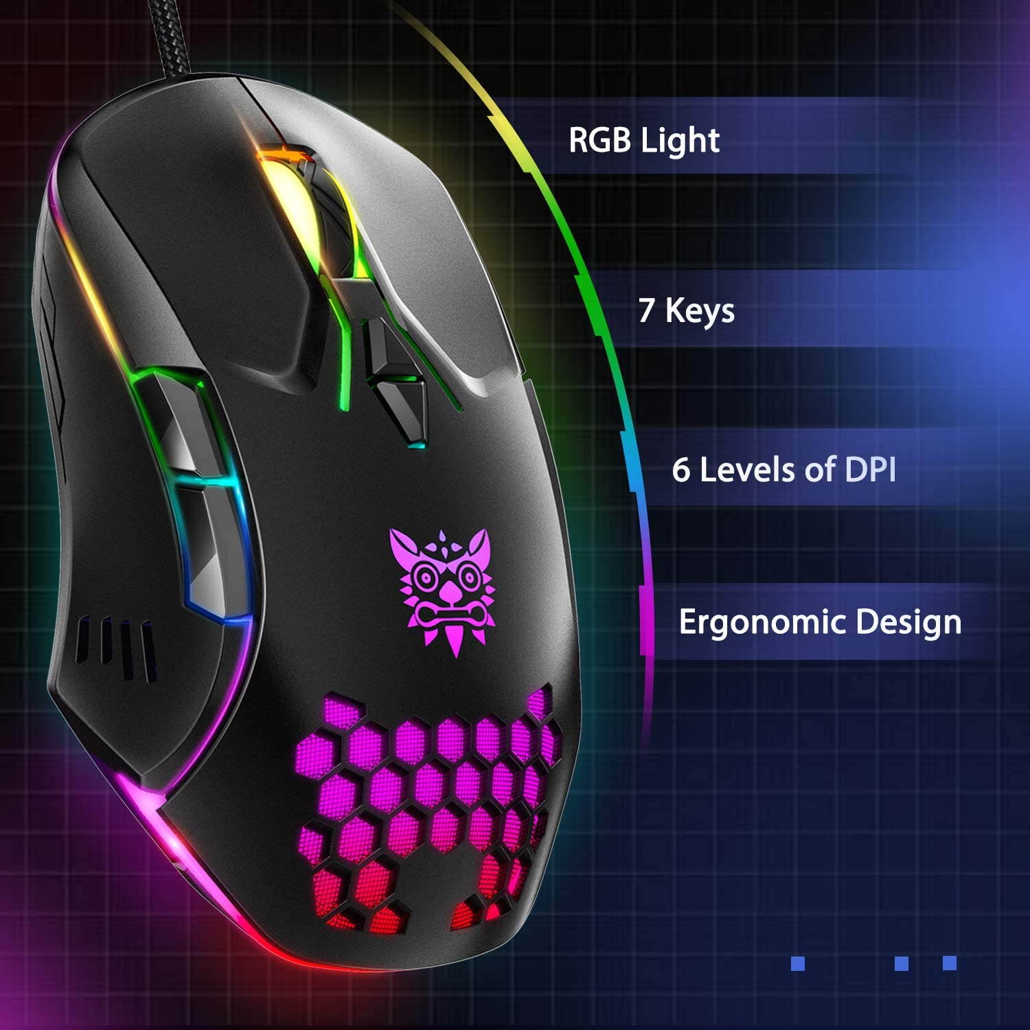 Gaming Mouse Wired, RGB Backlit 6400 DPI Adjustable Gaming Mouses, Grip Ergonomic Optical PC Computer Gaming Mice, 7 Buttons for Windows 7/8/10/XP Vista Linux
