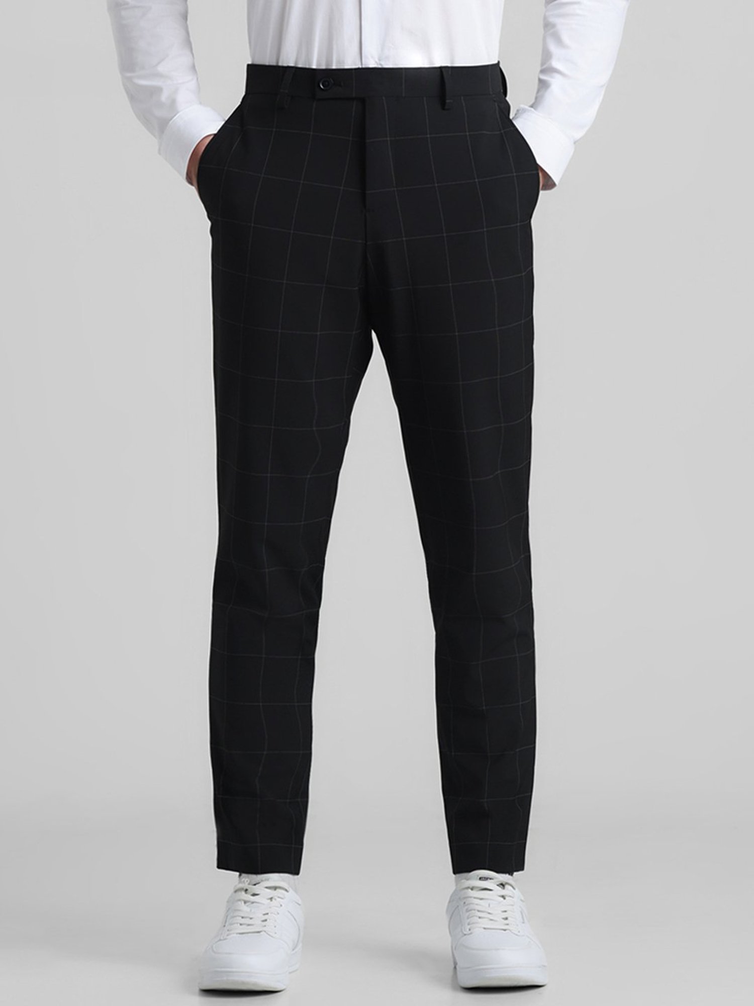 Jack & Jones Black Slim Fit Check Flat Front Trousers