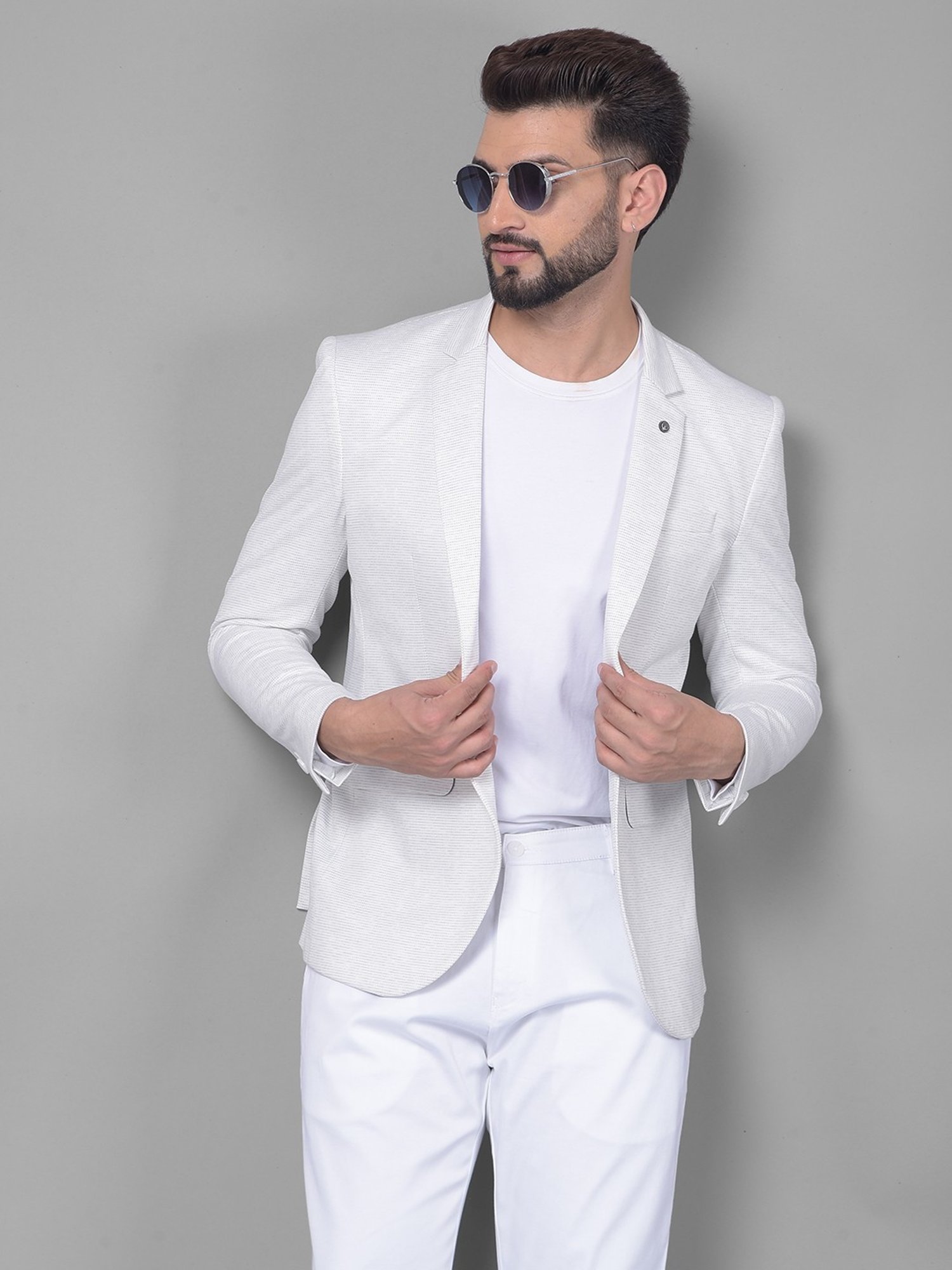 Crimsoune Club Off White Slim Fit Self Pattern Blazer