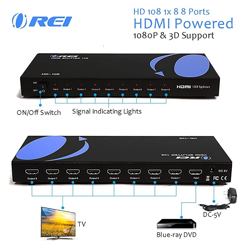 1080p 1x8 HDMI Splitter by  - 1 Port to 8 HDMI Display Duplicate/Mirror - Powered Splitter Ver 1.3 Certified for Full HD 1080P High Resolution 3D Support (One Input To Two Outputs) - HD-108