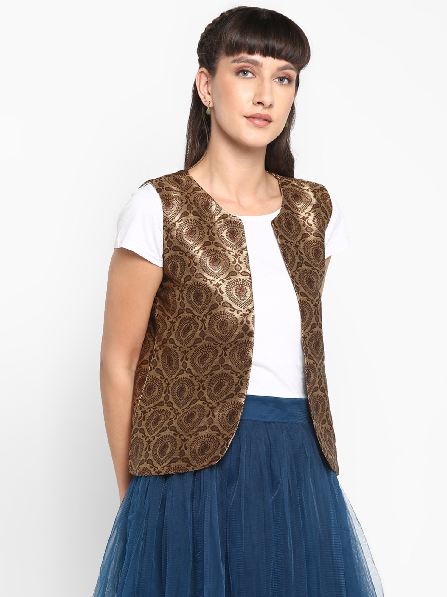 Hangup Brown Jacquard Pattern Shrug