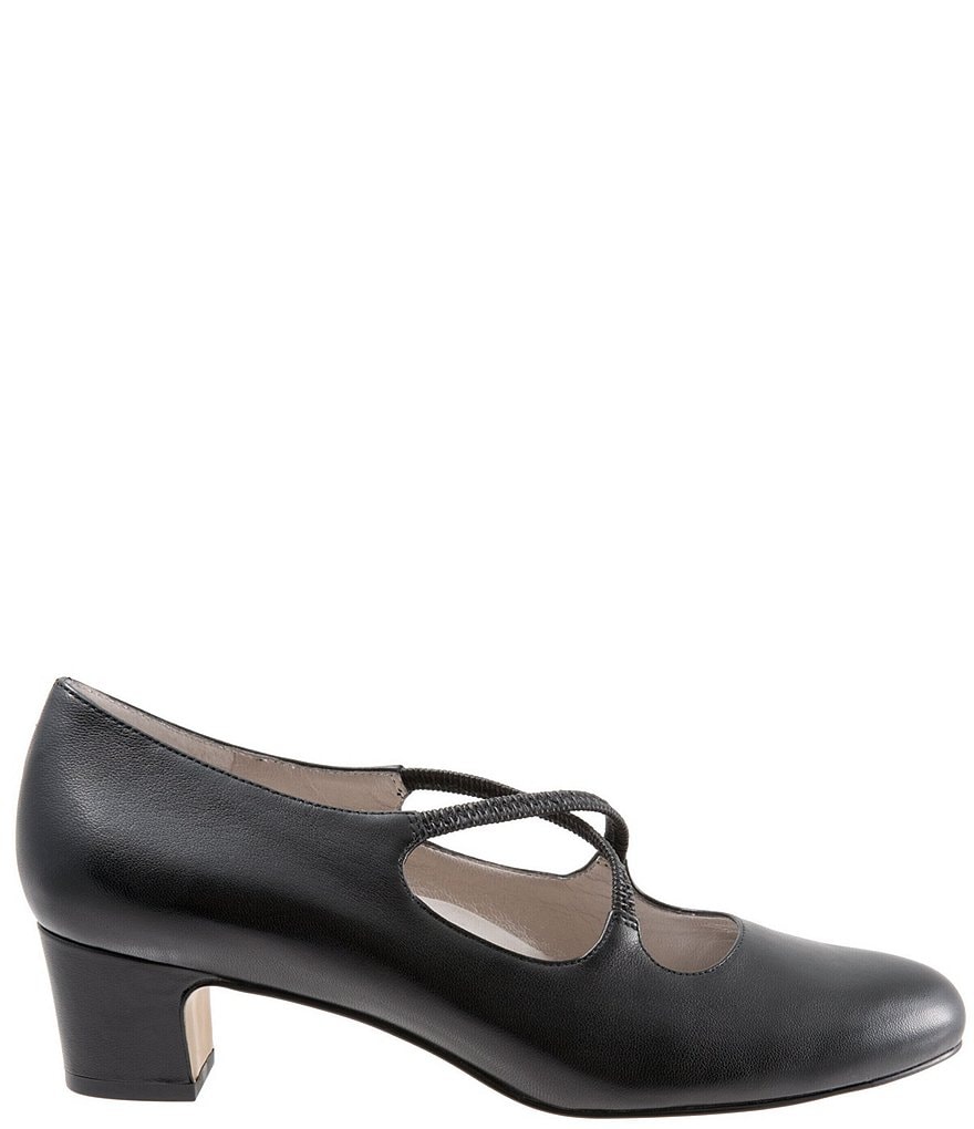 Trotters Jamie Leather Cross Over Band Block Heel Pumps