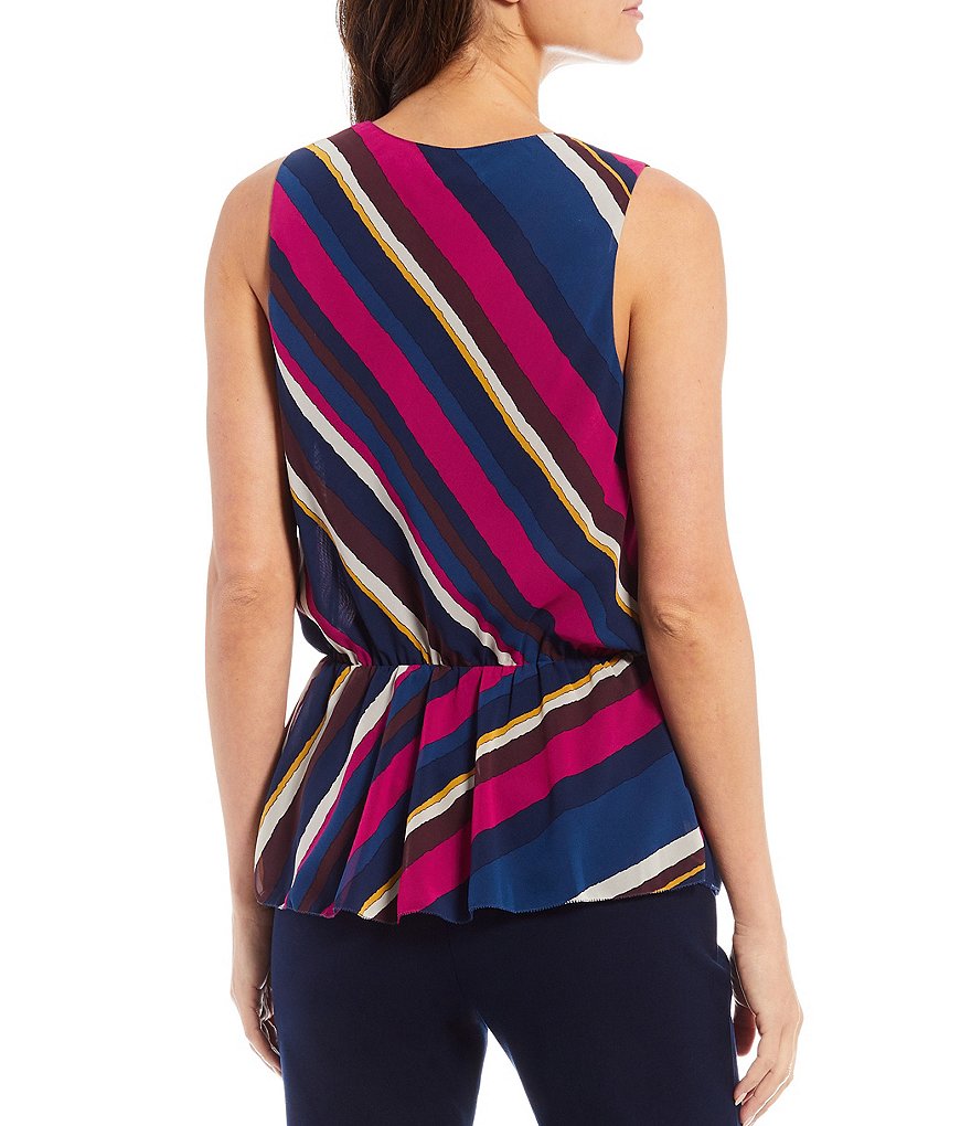 Trina Turk Colorful Stripe Asymmetrical Hem Stellar Surplice Neck Sleeveless Top