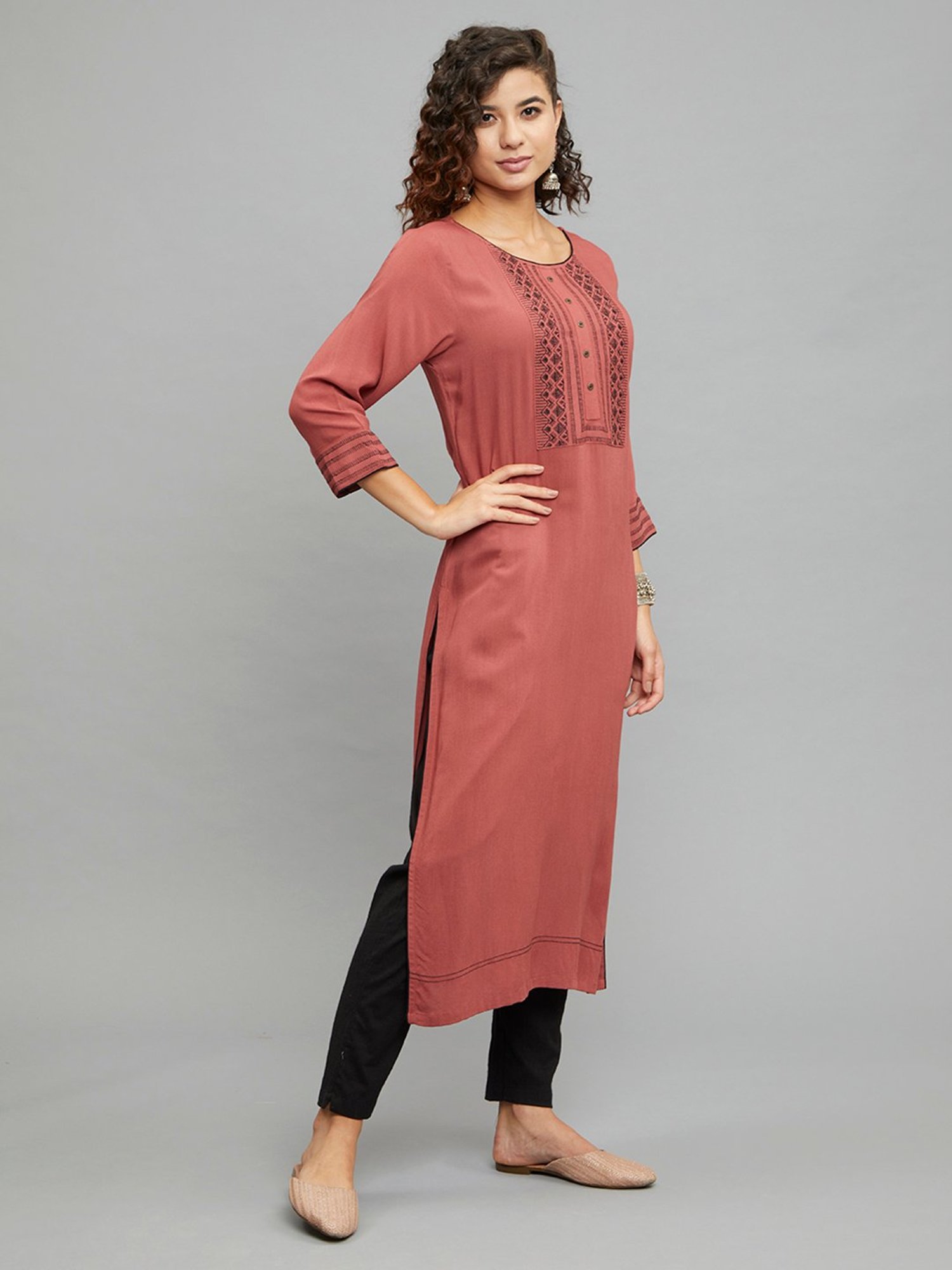 paislei Light Brown Embroidered A Line Kurta