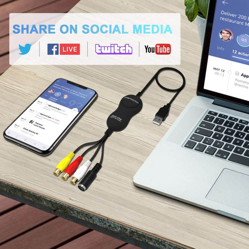 DIGITNOW USB 2.0 Video Capture Card Device Video Grabber One Touch VHS VCR TV to DVD Converter, Transfer VHS Home Videos to Mac OS X PC Windows 7 8 10