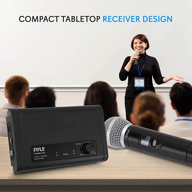 Compact UHF Wireless Microphone System Pro Portable Single Channel Desktop Digital Mic Receiver Set w 1 Handheld Mic Receiver Base USB Cable Battery for Home PA Karaoke DJ  PDWM1950