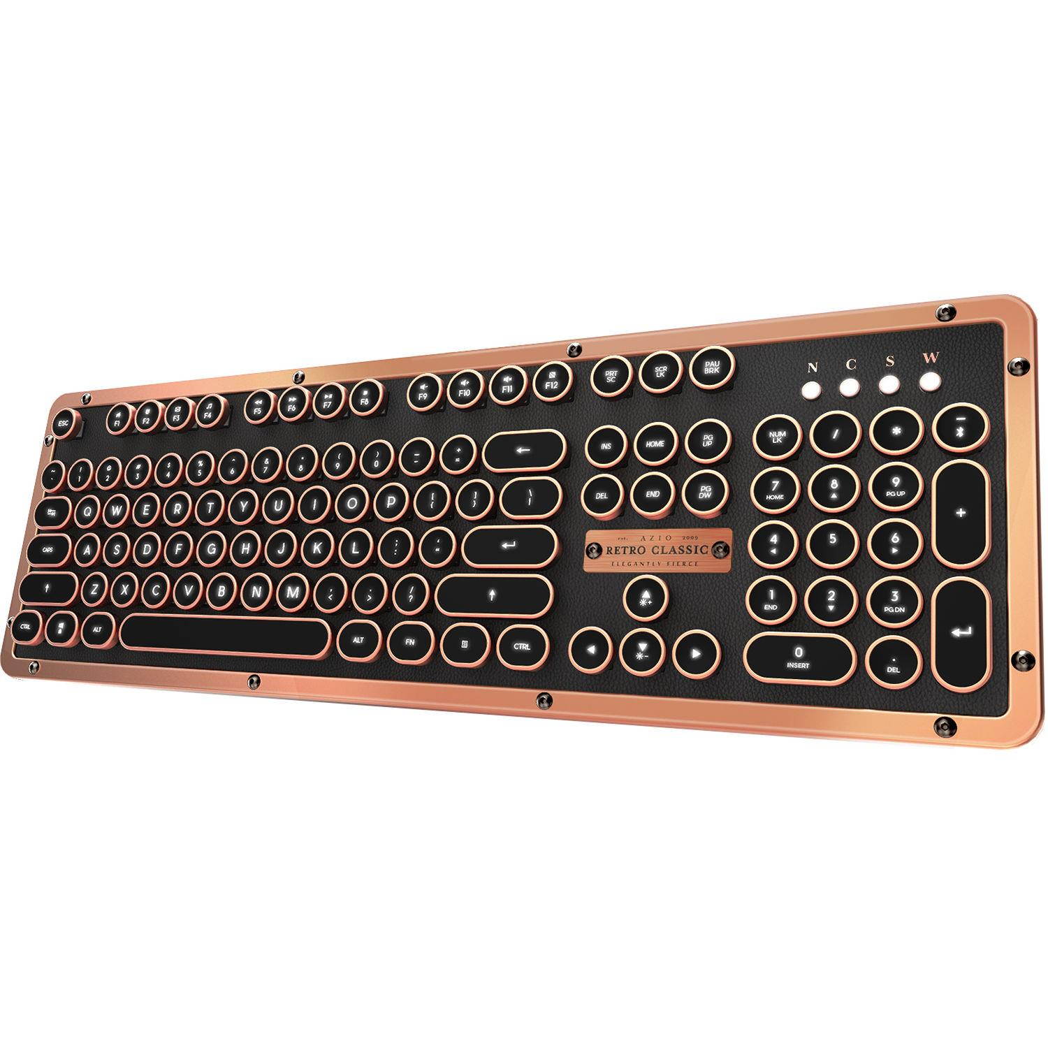 azio retro classic bluetooth artisan  luxury vintage backlit mechanical keyboard, black/copper mkretrolbt03us