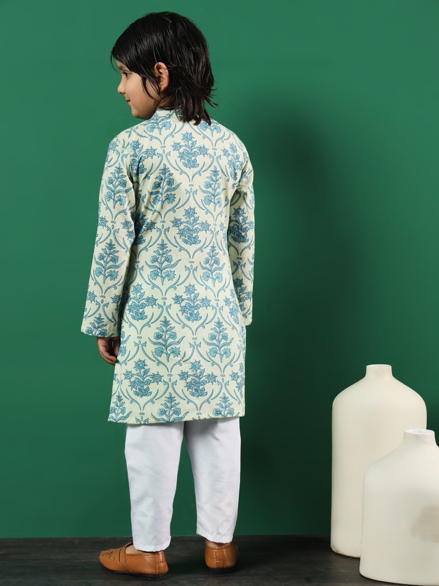 READIPRINT FASHIONS Kids Light Green & White Printed Full Sleeves Jacket Style Kurta with Pyjamas