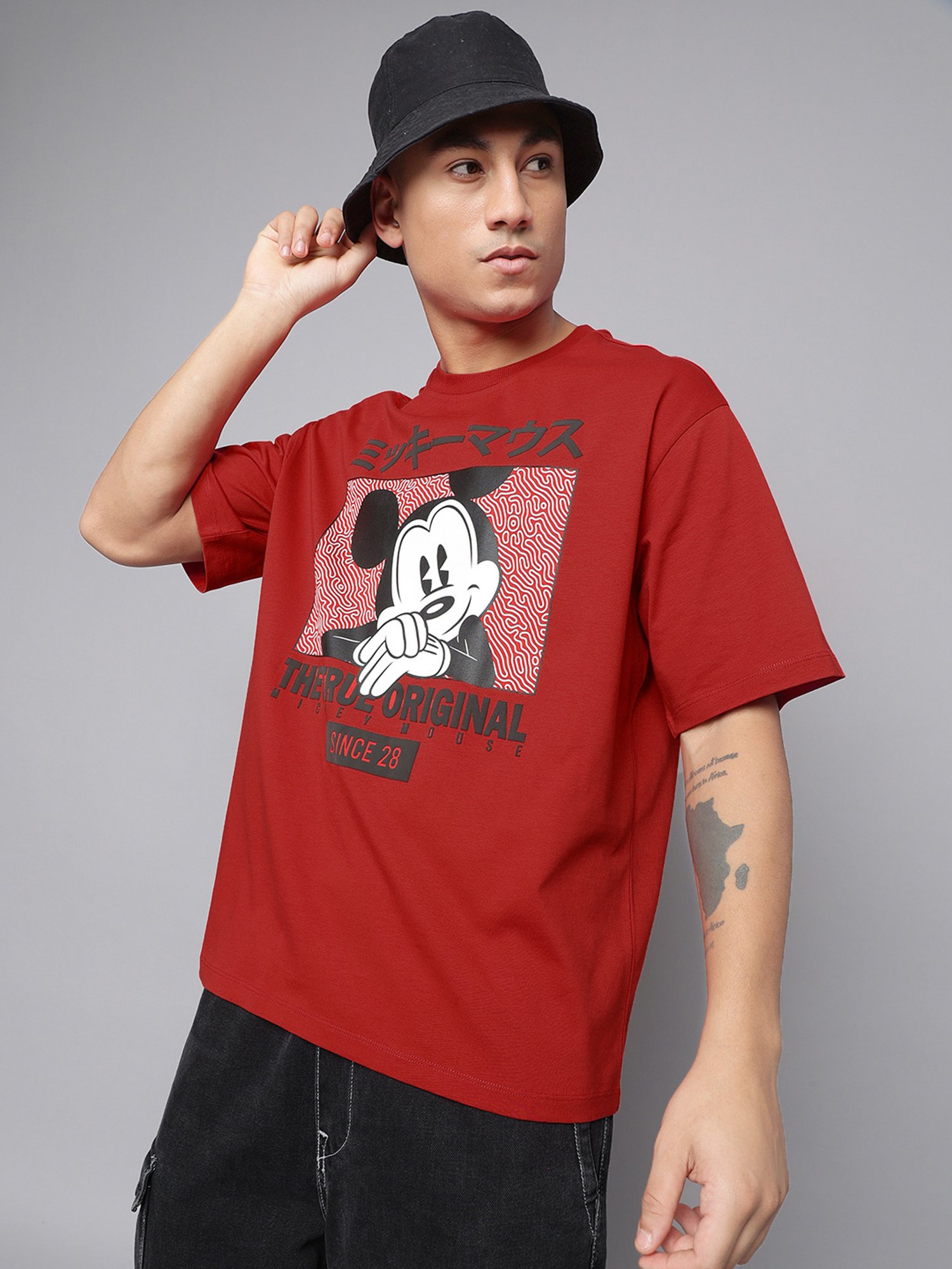 Free Authority Red Cotton Oversized Printed T-Shirt