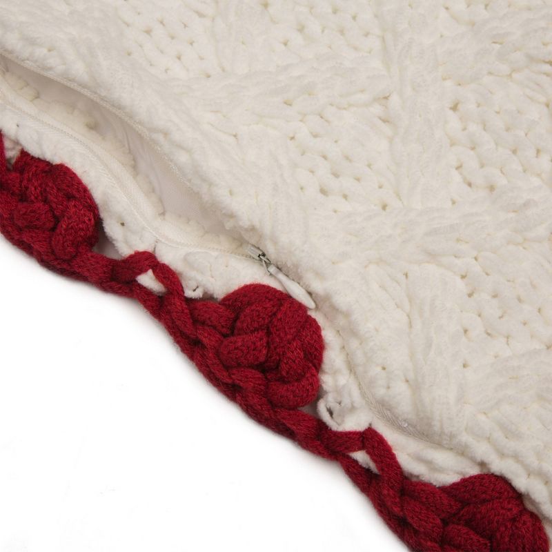 18" Knitted Polyester Pillow Cover with Red Trim & PomPom White - Glitzhome