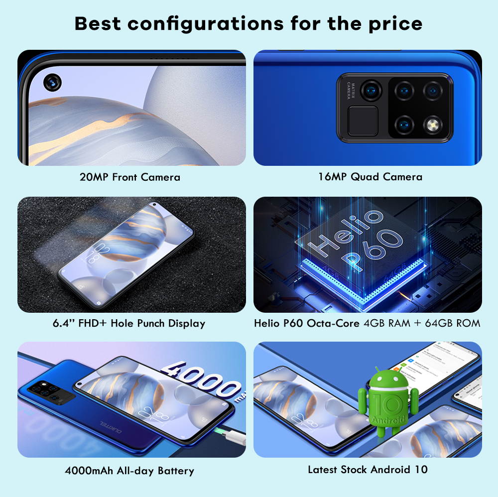 Mobile Phones,OUKITEL C21 6.4 Inches FHD+ SIM Free Unlocked Android 10.0 Dual SIM Smartphone 4g,4GB RAM+64GB ROM Helio P60 4000mAh Big Battery Four Cameras 20MP Front Camera Mobile Phone