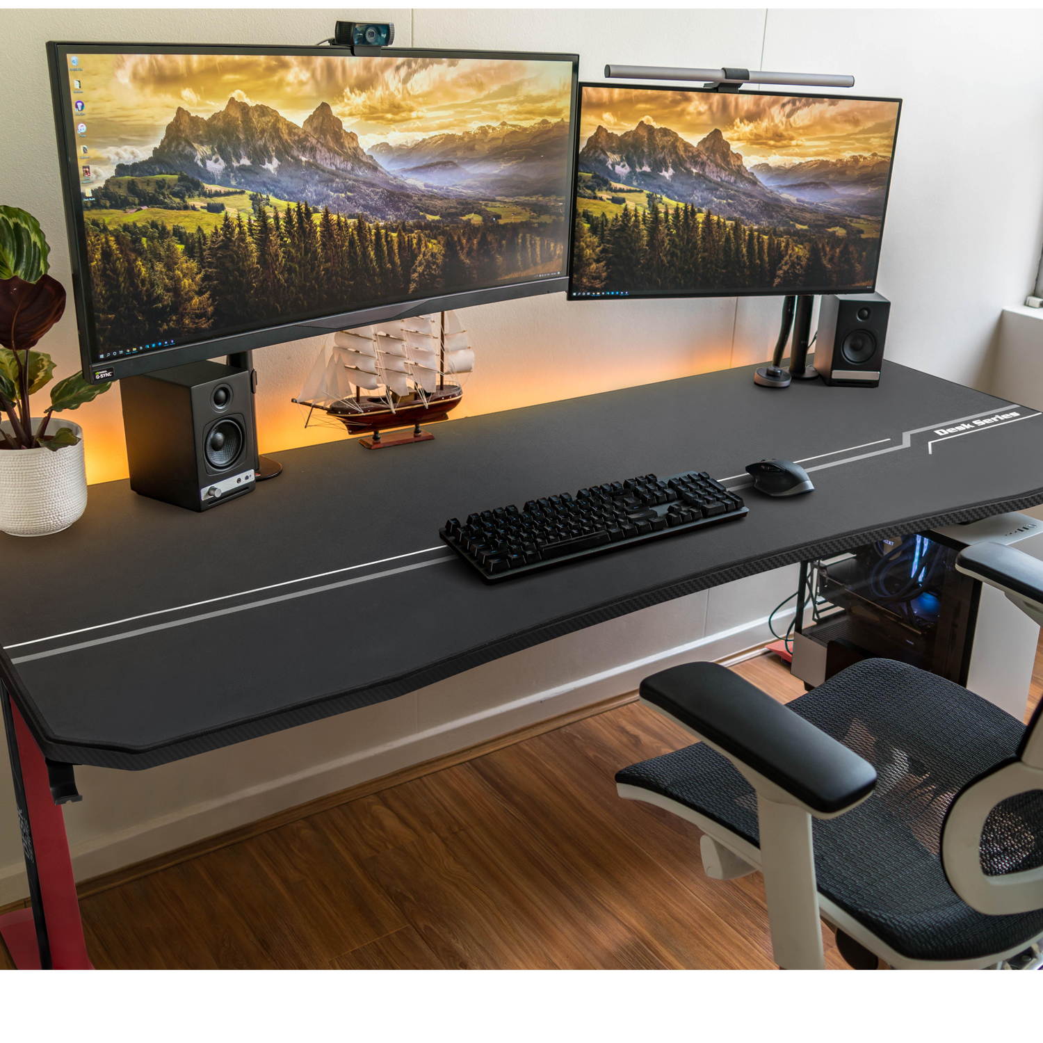 Furmax 55 Inch Gaming Desk T-Shaped PC Computer Table, Home Office Desk Carbon Fibre Surface Workstation with Free Full Coverage Mouse Pad, Cup Holder and Headphone Hook (Red)